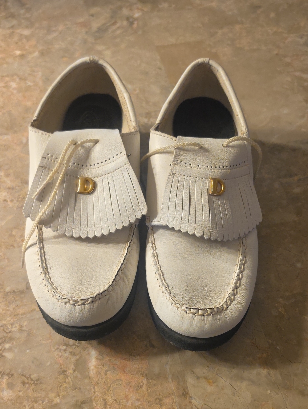 Womens White Leather Fringe Kiltie Vintage Golf Shoes with Gold 'D' Accent